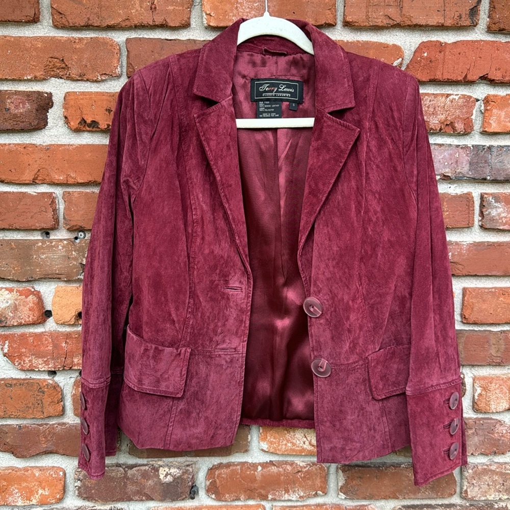 Terry Lewis Suede Wine Maroon Lined Pockets Button Up Vintage Genuine Jacket S